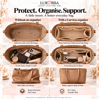 Lurvissa felt bag organiser benefits: protects the lining from stains, keeps items organised and supports the bag's shape. Korean premium felt, no colour transfer