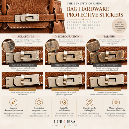 Benefits of bag hardware protective stickers: protects against scratches, discolouration and tarnish, shown on Hermes Birkin hardware