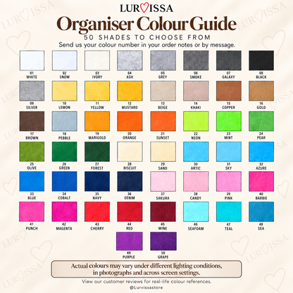 Organiser colour guide: 50 felt shades, numbered 01 White to 50 Grape