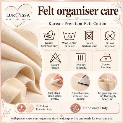 Felt organiser care guide: gentle handwash only, wash at 30°C or below, do not machine wash, do not dry clean, do not bleach, drip dry, iron on low heat