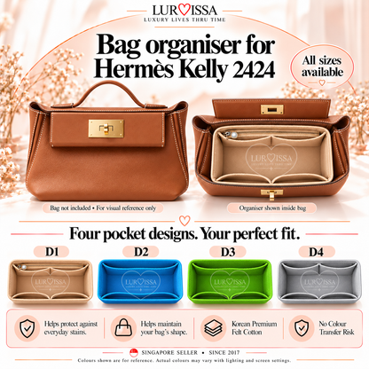 Bag organiser for Hermes Kelly 2424, all sizes, four pocket designs D1 to D4