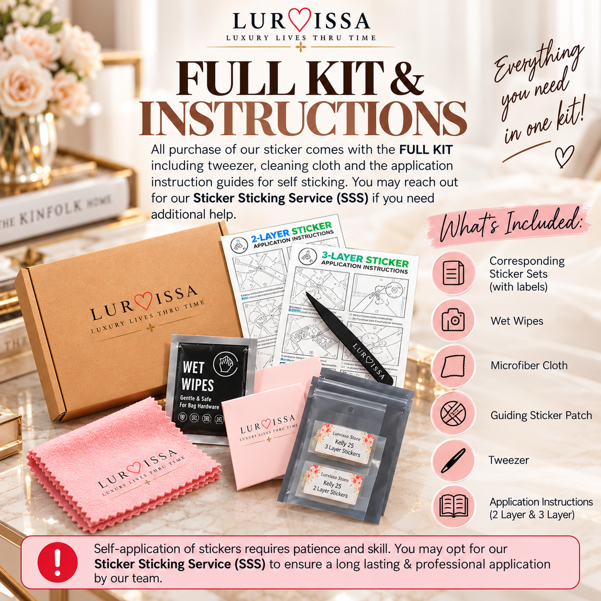 Lurvissa sticker kit: sticker sets, wet wipes, microfiber cloth, guiding patch, tweezer and instruction guides